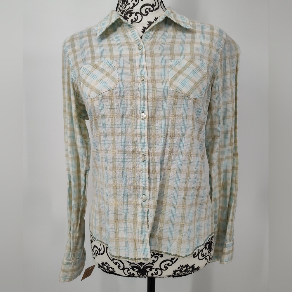 Maurices Teal and Beige On White Plaid Button Down Shirt Size Women's Large